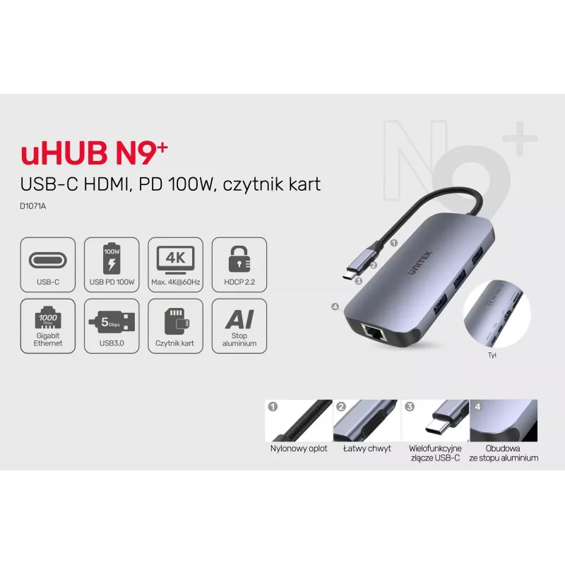UNITEK D1071A liidesejaotur USB 3.0 SuperSpeed 5 Gb/s hõbedane