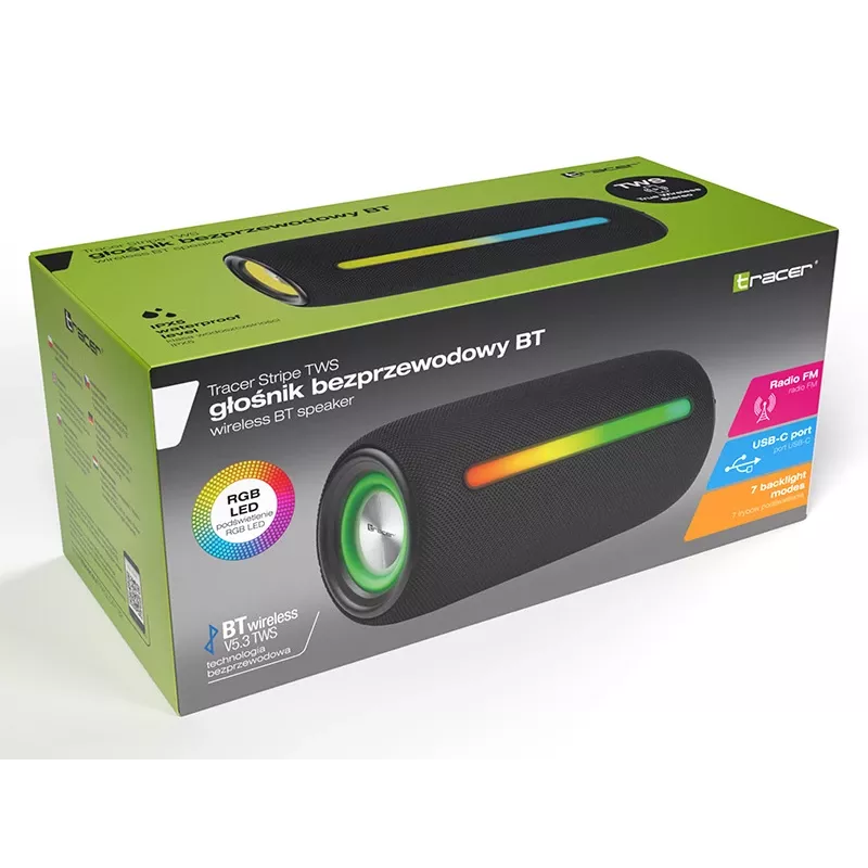 Kaasaskantav stereokõlar TRACER Stripe Must — 10 W RMS, Bluetooth/juhtmega, USB-A ja USB-C, MicroSD, sisseehitatud aku (kuni 5 h)