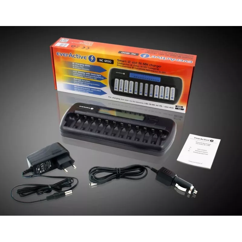 Akulaadija everActive NC-1200 — universaalne 12 akulaadija AA/AAA jaoks, 12 V sisend, must