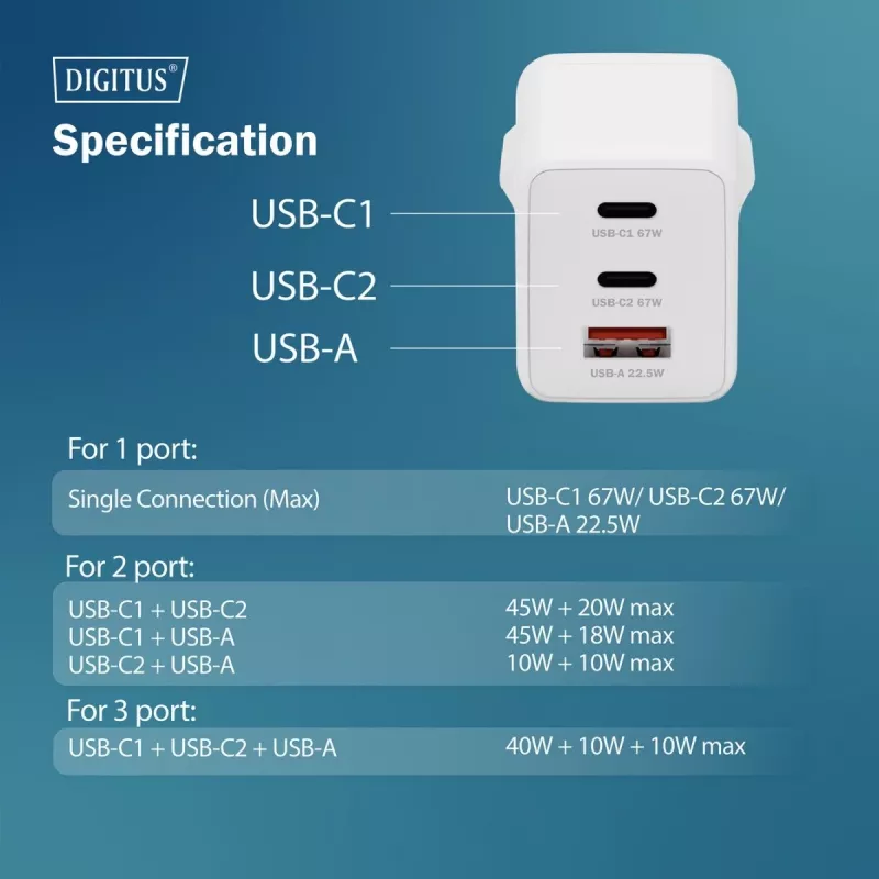 Seinalaadija DIGITUS DA-10303 67W GaN, 2× USB-C + 1× USB-A, 100–240V, valge