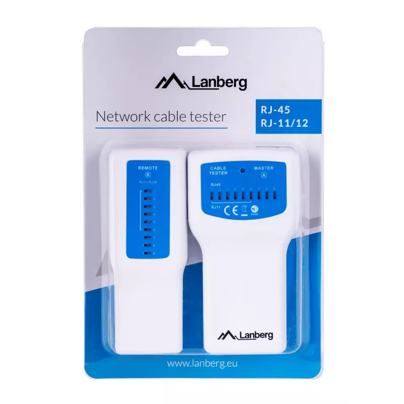 PoE tester LANBERG NT-0402 — PoE võrgukaabli tester RJ-45/RJ-11 toega, LED-indikaatorid, toite LED, sisse/välja lüliti