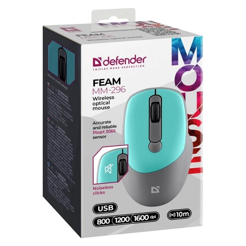 Juhtmevaba hiir DEFENDER Silent Click C Mint 52294 — mõlemakäeline, 1600 DPI, 2,4 GHz nano USB
