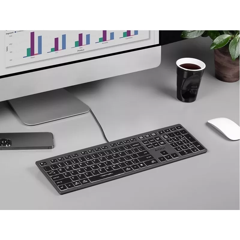 Juhtmega A4Tech klaviatuur FX60H USB QWERTY — täissuuruses 100%, valge taustvalgustusega, hall