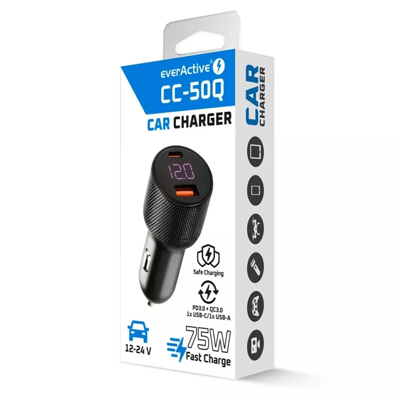 Autolaadija everActive CC-50Q QC3.0 75W Quick Charge 3.0 toega ja USB-portidega