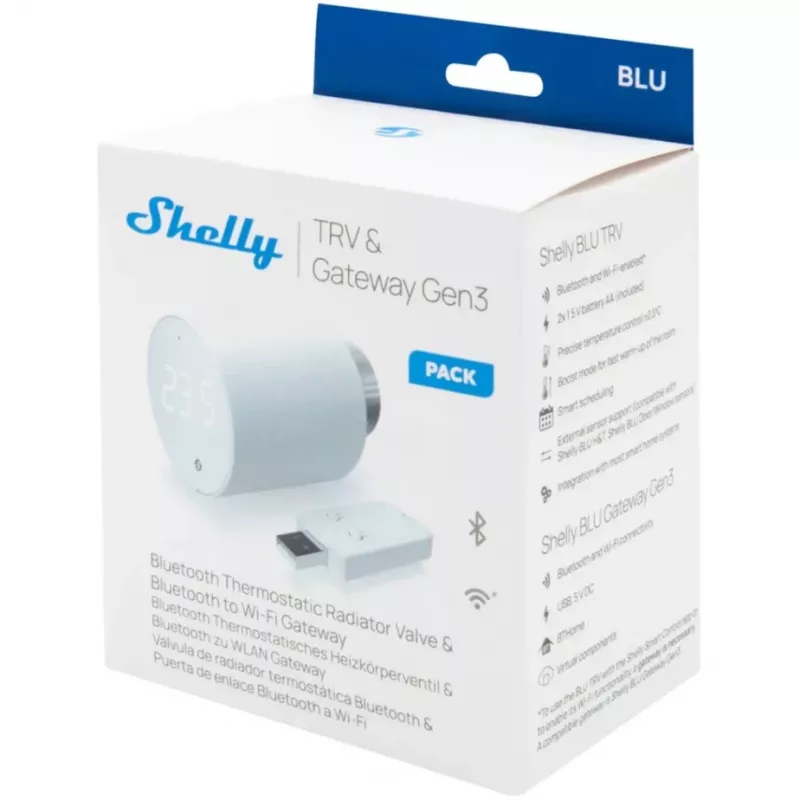 Termostaatilise radiaatoriklapi komplekt Shelly Heating Control BLU TRV + BLU Gateway Gen. 3 — M30×1,5, Wi‑Fi, AA patareid, kõrgus 78 mm