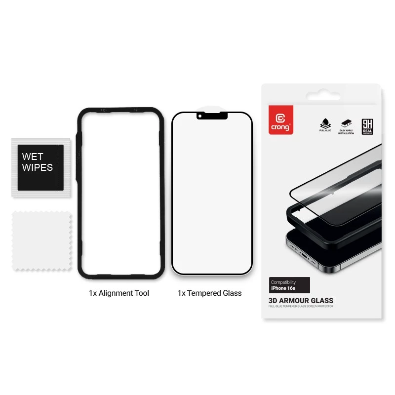 Karastatud klaasist ekraanikaitse Crong iPhone 16e / 14 / 13 / 13 Pro jaoks — 3D täiskattega