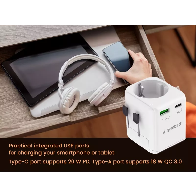 Reisiadapter GEMBIRD TPA-EU1A1C20-01-W 20W, USB-A 18W + USB-C 20W, Schuko pistikupesa, sisend 100–250V