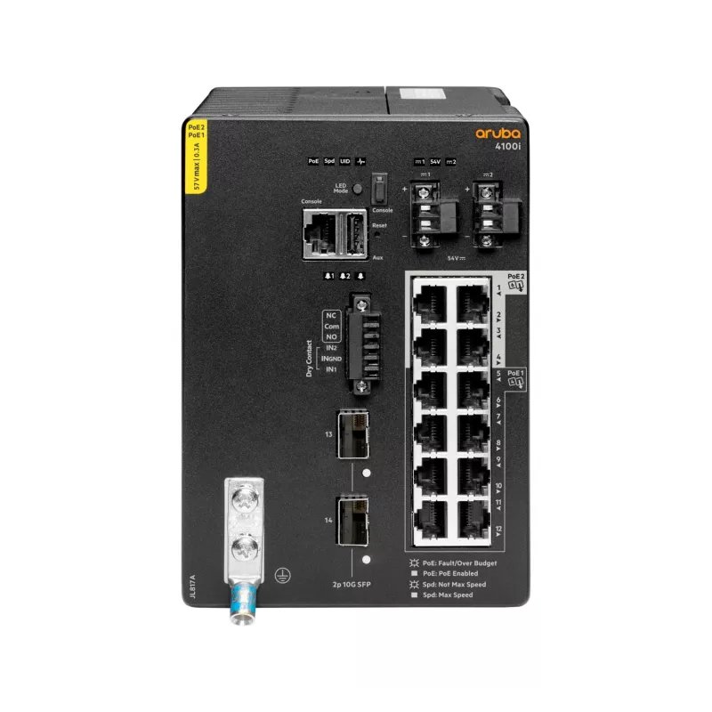 Hewlett Packard Enterprise HPE Aruba 4100i - Lüliti - 8 x 10/100/1000 (PoE klass 4) + 4 x 10/100/1000 (PoE klass 6) + 2 x SFP+ - DIN-riiulile paigaldatav - PoE klass 4 / PoE klass 6