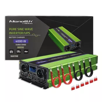 Qoltec Monolith Pingemuundur | Aku laadimine | UPS | 2000W | 4000W | 12V kuni 230V | Puhas siinus | LCD must-roheline