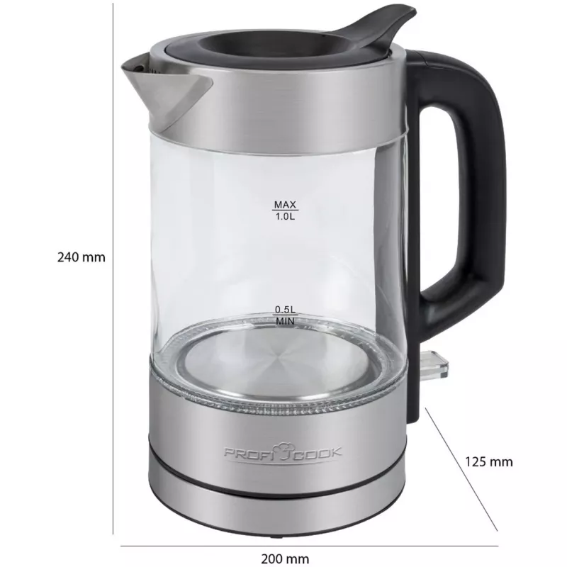 ProfiCook PC-WKS 1229 G elektriline veekeetja 1 L 1600 W roostevaba teras, läbipaistev