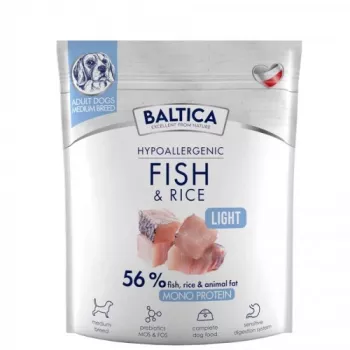 Kuiv koeratoit BALTICA Hypoallergenic Fish & Rice Light M 1 kg — täiskasvanud keskmist tõugu koertele, 22% valku, 7% rasva