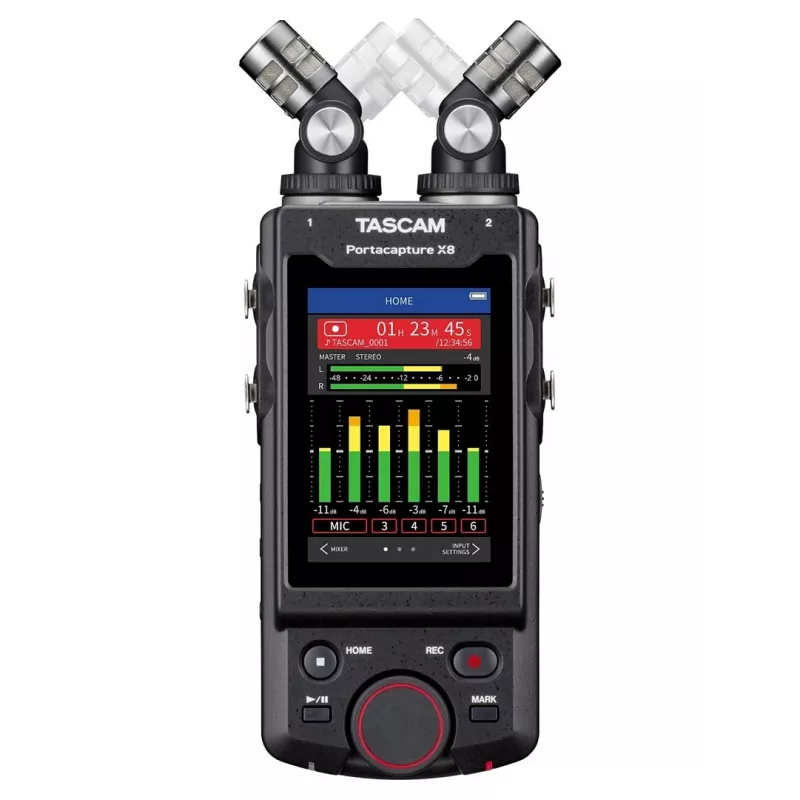 Kaasaskantav mitme rajaga helisalvesti Tascam Portacapture X8 — 6 kanalit, 24/32-bitine, kuni 96 kHz, 4 XLR/TRS kombosisendit, SD-kaart, USB-C, aku või võrgutoide
