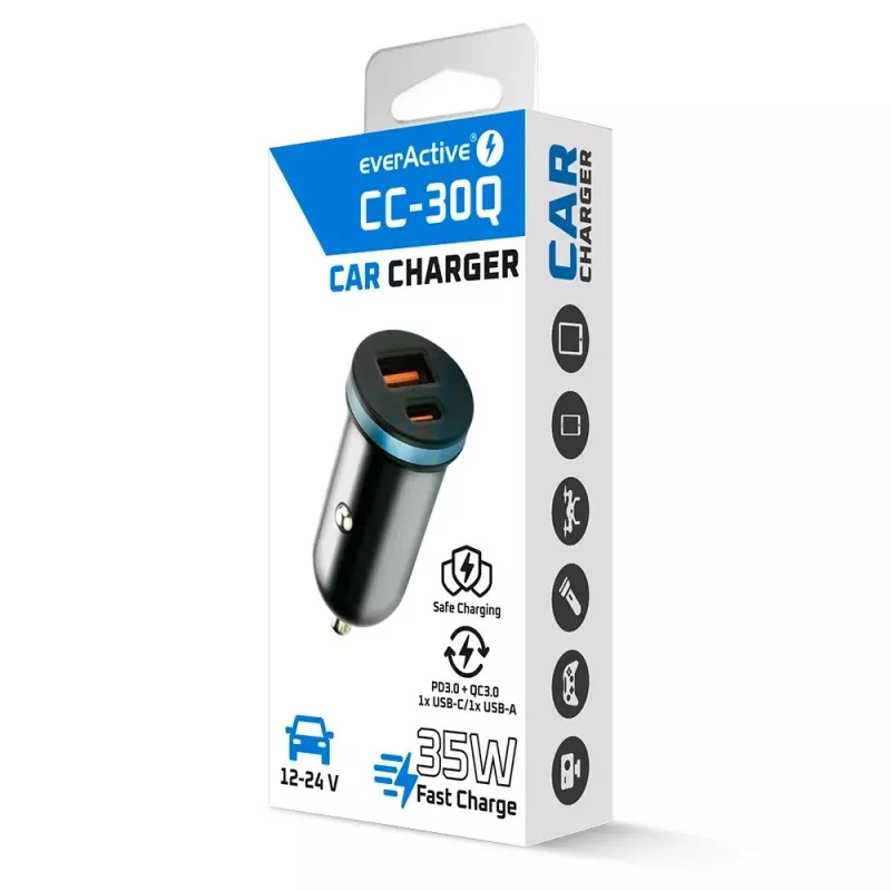 Autolaadija everActive CC-30Q QC3.0 35W — 1x USB-A, 1x USB-C, kiirlaadimine