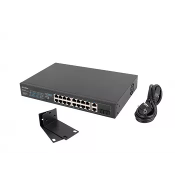 Haldamatu lüliti LANBERG RSFE-16P-2C-150 — 18 pordiga Gigabit, 16 PoE+/2 SFP, 150 W koguvõimsus, 1U riiul, metall, must