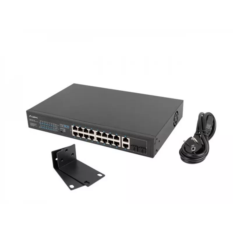 Haldamatu lüliti LANBERG RSFE-16P-2C-150 — 18 pordiga Gigabit, 16 PoE+/2 SFP, 150 W koguvõimsus, 1U riiul, metall, must