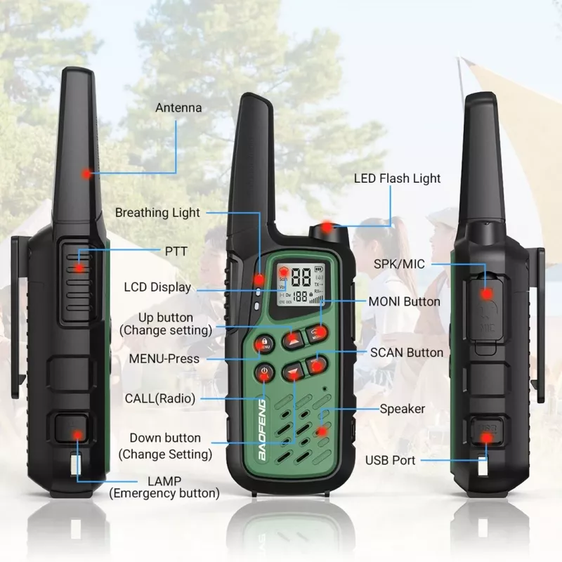 Käsiraadio Baofeng BF-T25E — 16 kanalit, 2 × 1400 mAh Li-Ion, VOX, LCD, roheline, komplekt 2 tk