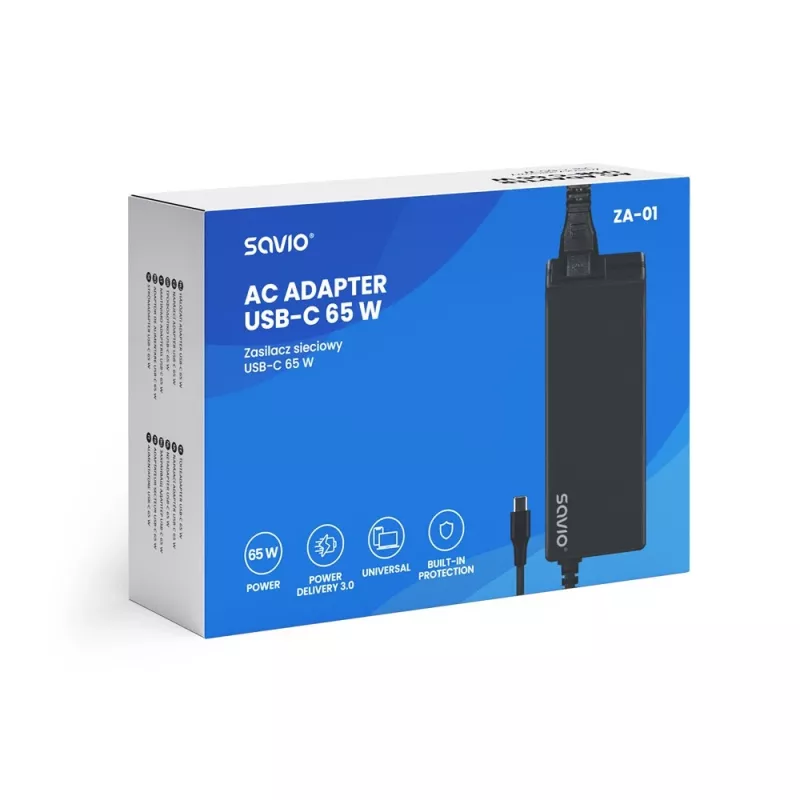Sisene vahelduvvoolu laadija SAVIO ZA-01, 65 W USB-C PD 3.0, 100–240 V sisend, ühe pordiga, must