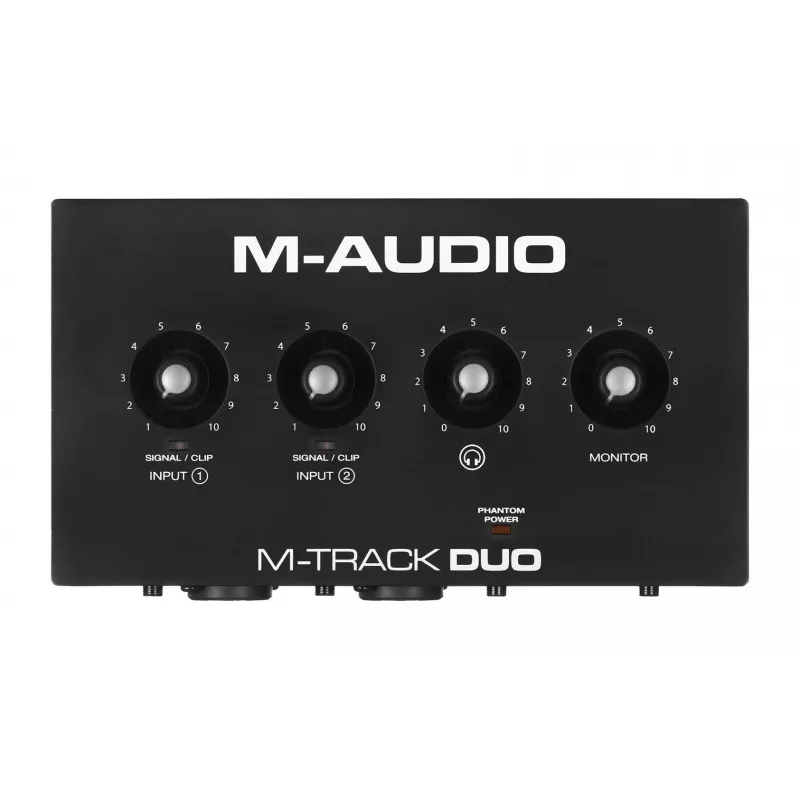 M-Audio M-Track Duo heliliides — USB 2 sisse/2 välja, 16-bit/48 kHz, 1x XLR/TS kombosisend, 1x instrumendisisend, fantoom 48V