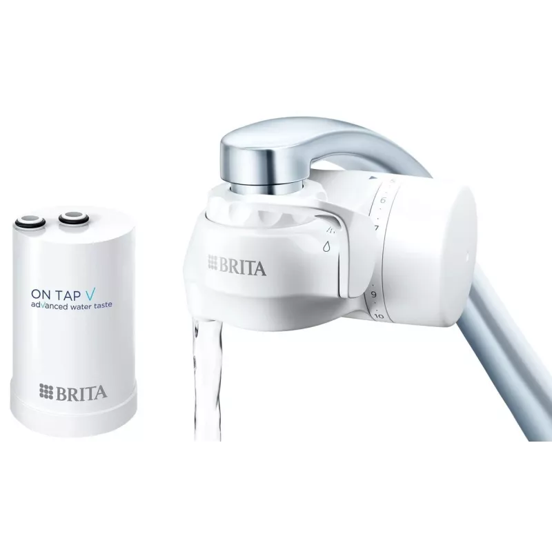 Kraaniveefilter BRITA ON TAP V CU CE2 (1052067) — 4-astmeline, 600 l mahutavus, 3 režiimi, 5 adapterit, valge