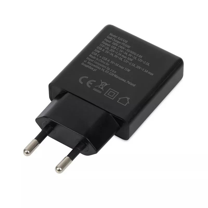 iBOX C-43 Slim GaN PD30W seinadapter, must