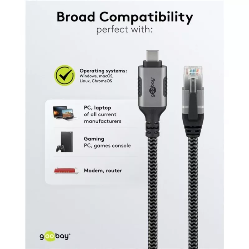 Ethernet-kaabel USB-C 3.2 Gen2 pesa > RJ-45 pistik (must/hõbedane, 5 meetrit, punutud tekstiilümbris)