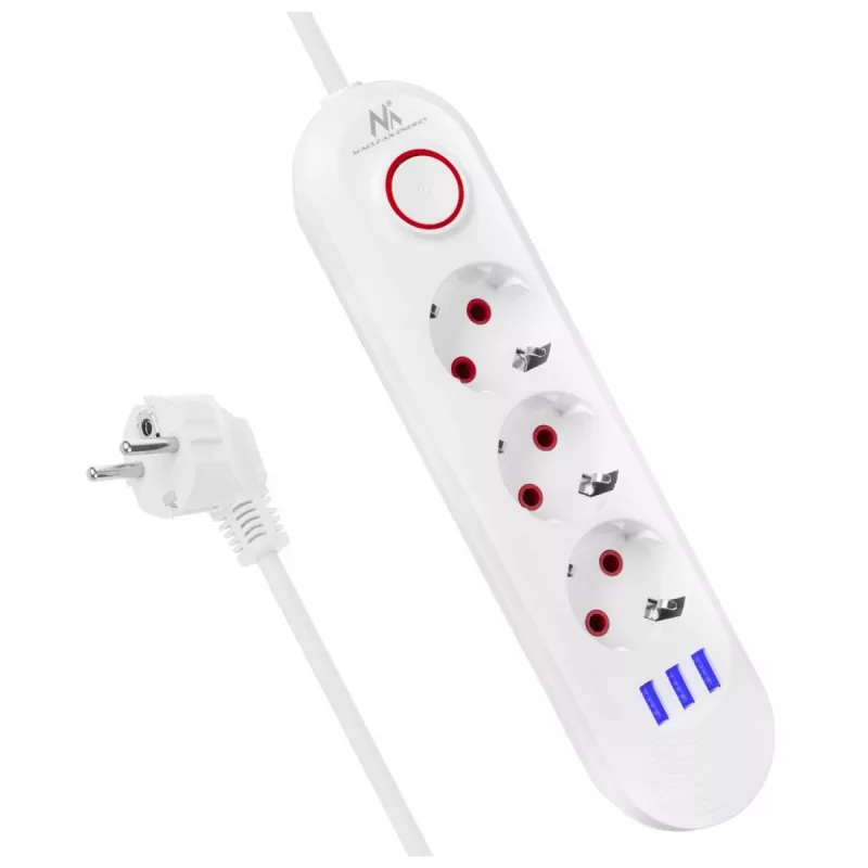Pikendusjuhe MACLEAN MCE394W — 3 pistikupesa, 3×USB 2,1 A, 110–240 V AC, 2500 W, 1,5 m kaabel, valge