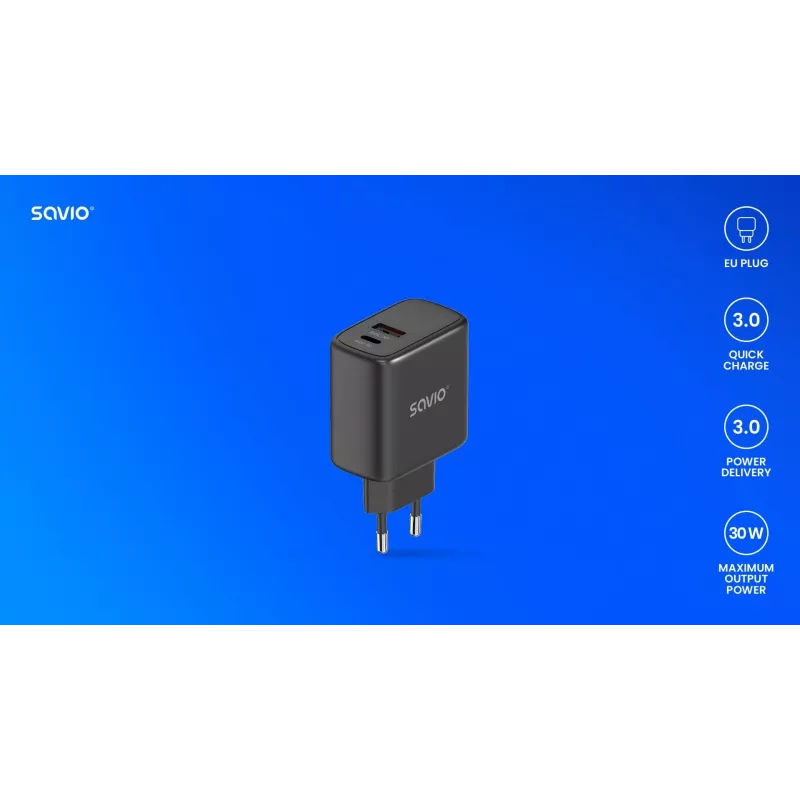 Välistingimustesse mõeldud laadija SAVIO LA-06/B USB USB-C 30W Power Delivery 1x USB-C Must, 5–20V, 3A/9V, 3A/5V, 3A/12V, 2,1A