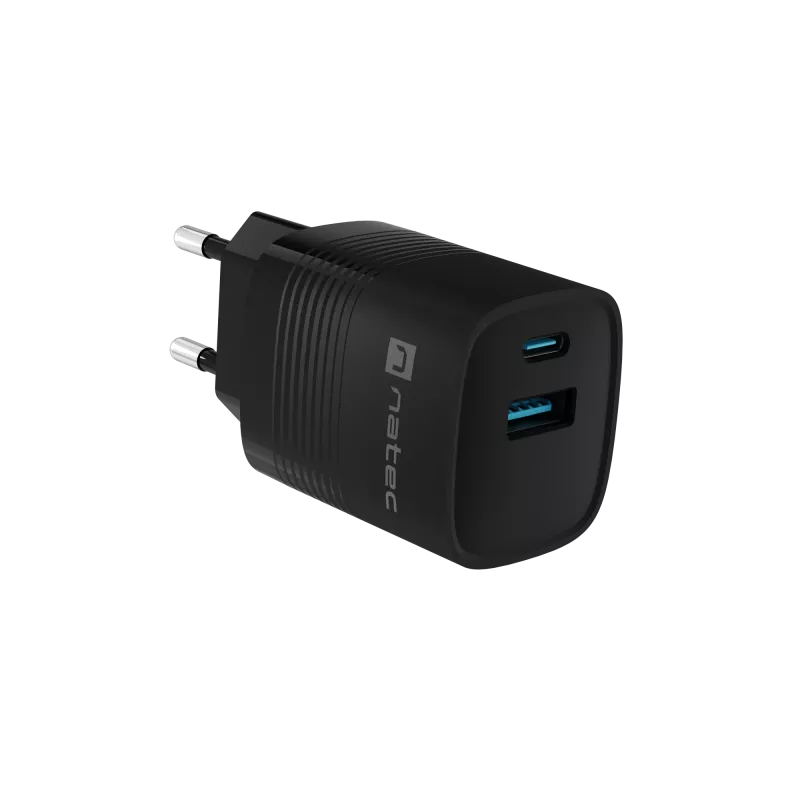 NATEC juhtmega mobiilseadme laadija NUC-2141, 30W, USB-C PD 3.0 + USB-A QC 3.0, 110–240V, must