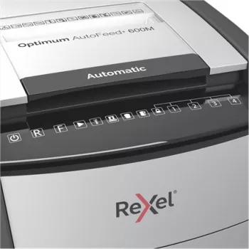 Rexel AutoFeed+ 600M paberipurustaja, mikroosakestega purustus 2x15mm, P-5, 110L, 55 dB, hall/must