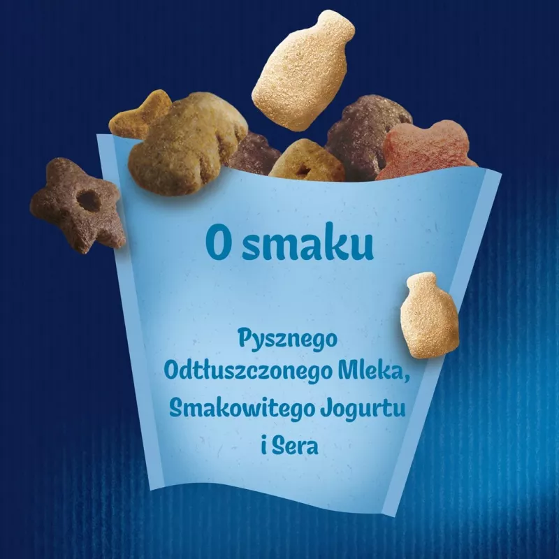 Kassi maiustused Felix Party Mix Dairy Delight 60 g — krõmpsuvad piimamaitselised maiused täiskasvanud kassidele, valk 35%, rasv 19,5%
