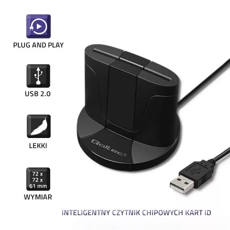 Smart Card Reader Qoltec 50632 USB 2.0 Must 1m kaabel