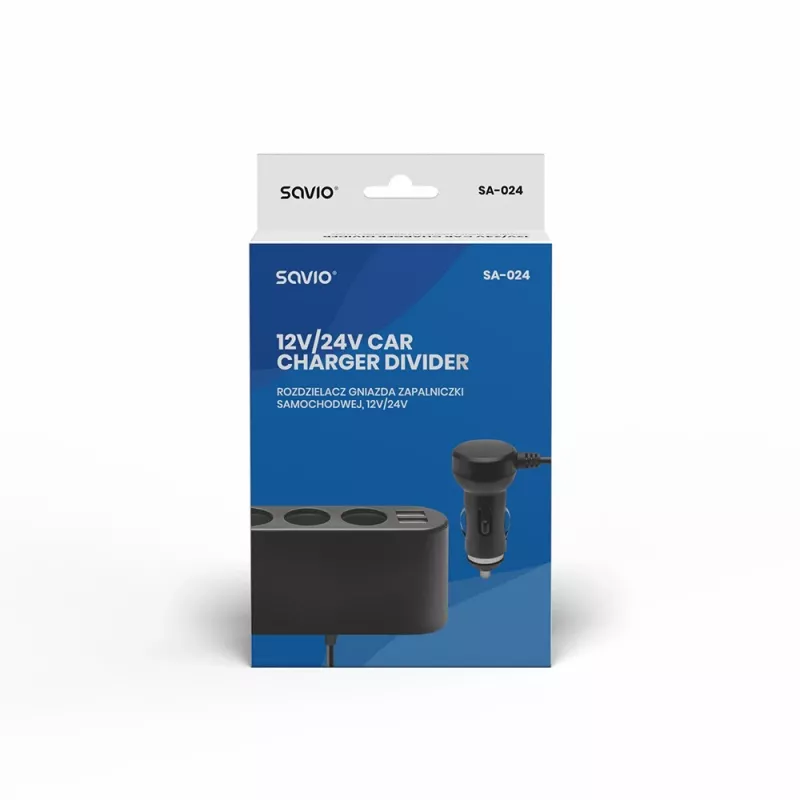 Auto USB-laadija SAVIO SA-024 — universaalne mobiilseadme laadija, sisend 12–24 V, väljund 5 V, must, sigaretisüütaja