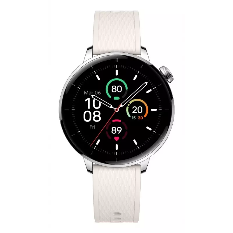 Nutikell ONEPLUS OnePlus Watch 3 43mm, 1,32-tolline AMOLED 466×466, titaan/hõbedane, valge kummist rihm, GPS, Wi‑Fi