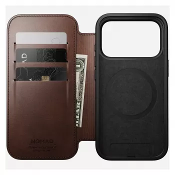 Mobiiltelefoni ümbris Nomad Modern Leather Folio iPhone 17 Pro jaoks, nahk/alumiinium, 16 cm (6,3 tolli) pruun, 4 kaarditaskut