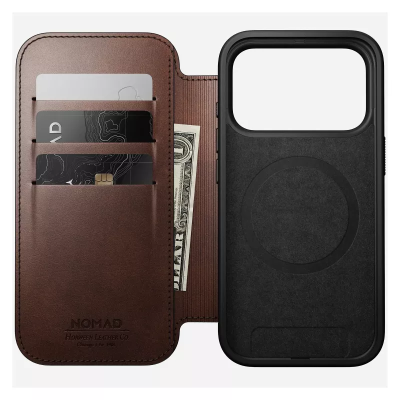 Mobiiltelefoni ümbris Nomad Modern Leather Folio iPhone 17 Pro jaoks, nahk/alumiinium, 16 cm (6,3 tolli) pruun, 4 kaarditaskut