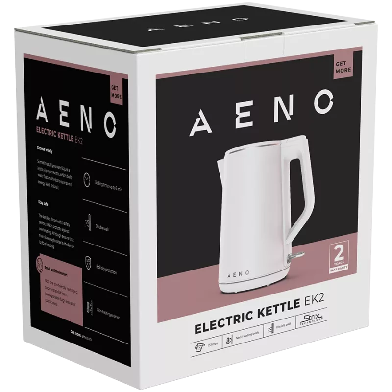 AENO Elektriketel EK2: 1850-2200W, 1,5L, Strix, topeltseinad, mittekuumenev korpus, automaatne väljalülitus, kuivkeemiskaitse