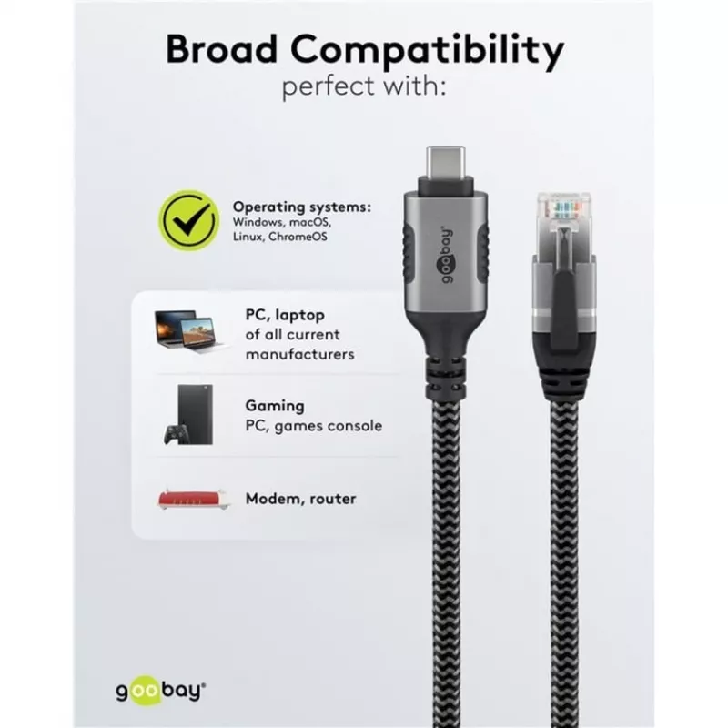 Ethernet-kaabel USB-C 3.2 Gen2 pesa > RJ-45 pistik (must/hõbedane, 5 meetrit, punutud tekstiilümbris)