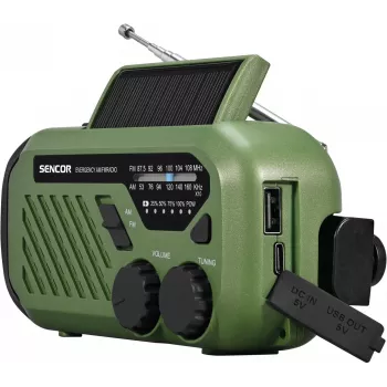Kaasaskantav FM/AM-raadio SENCOR SRD1000SCLGR, Bluetooth, päikese-/vänt-/USB-C-laadimine, 2000 mAh aku, IPX4, LED-tuled