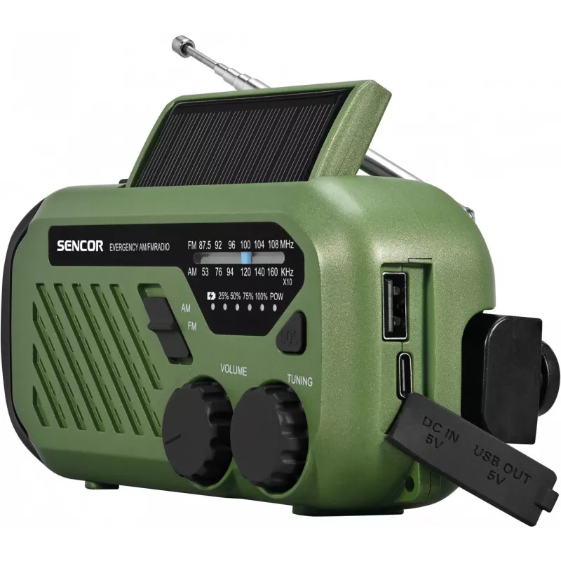 Kaasaskantav FM/AM-raadio SENCOR SRD1000SCLGR, Bluetooth, päikese-/vänt-/USB-C-laadimine, 2000 mAh aku, IPX4, LED-tuled