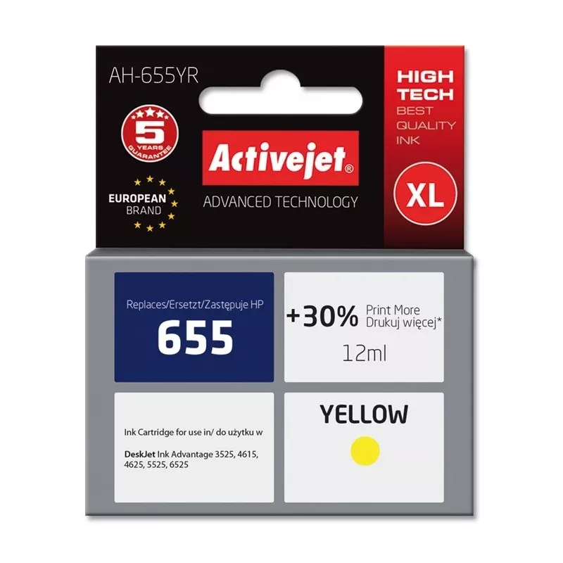 Activejet AH-655YR tint (asendab HP 655 CZ112AE; Premium; 12 ml; kollane)