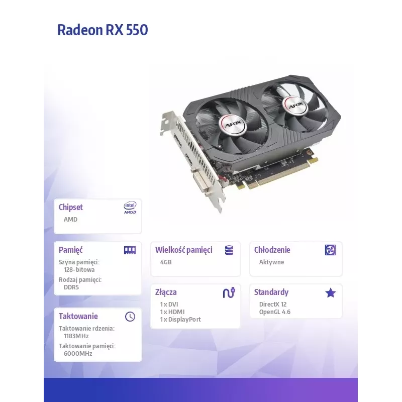 Graafikakaart AFOX AMD Radeon RX 550 4 GB GDDR5 PCIe 3.0, 1183 MHz, 128-bit, kahe ventilaatoriga