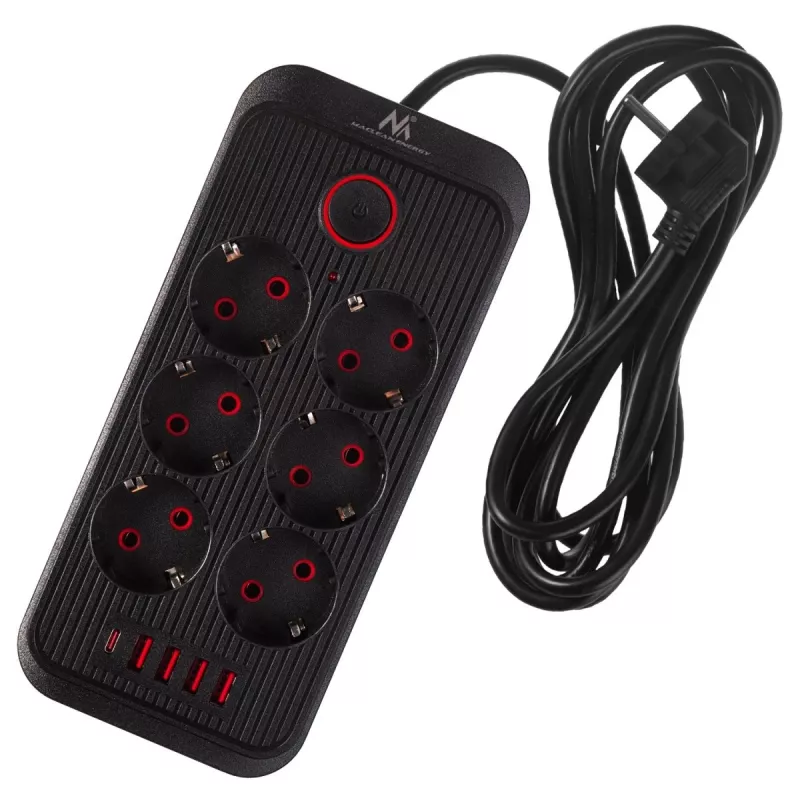 Pikendusjuhe MACLEAN MCE391 B – 6 pistikupesa, 4×USB-A + 1×USB-C, 110–240V, 2500W, 3 m kaabel, must