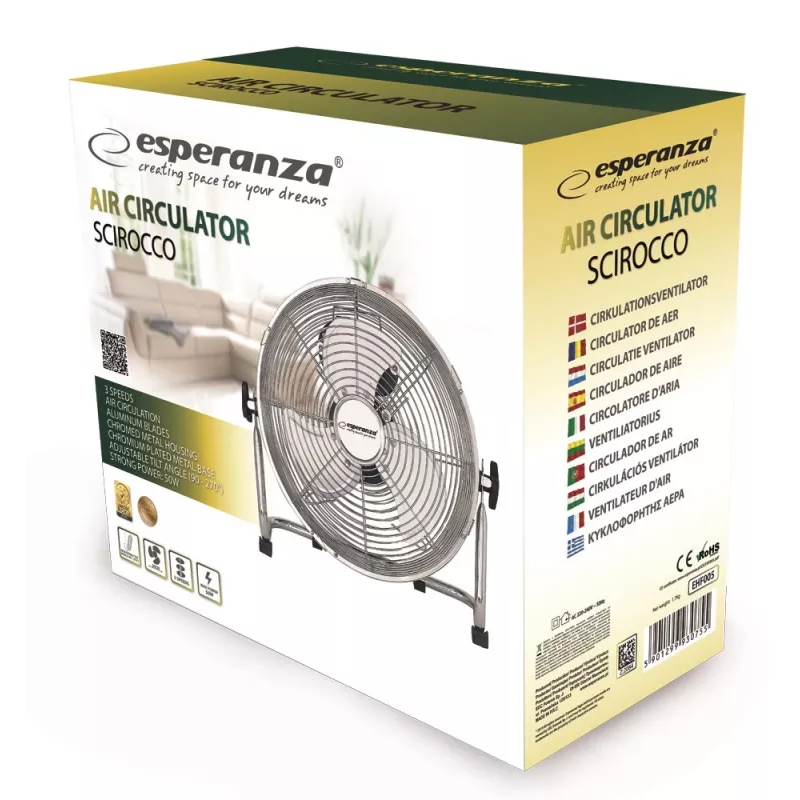 Lauaventilaator ESPERANZA EHF005 Scirocco 12 tolli — 3 kiirust, 36 cm läbimõõt, kroom, 50 W