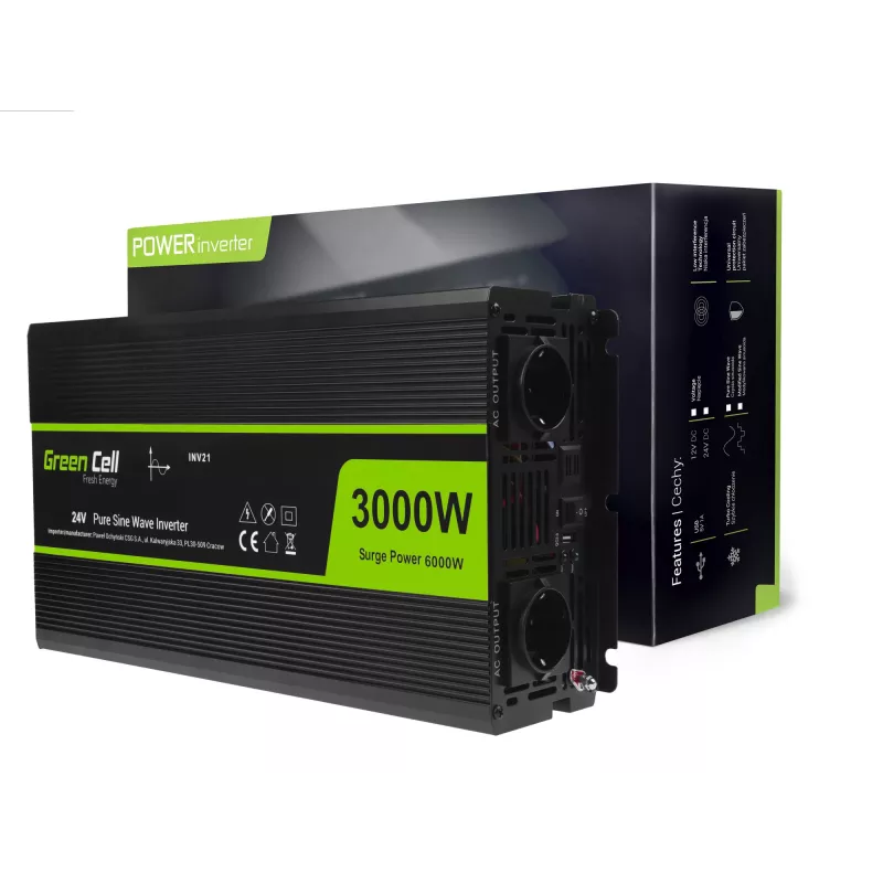 Autoinverter roheline Cell INV21 6000 W, 24V alalisvoolust vahelduvvooluks, 230V väljund, 2x USB PD, aktiivjahutus, eemaldatavad alalisvoolupistikud, must
