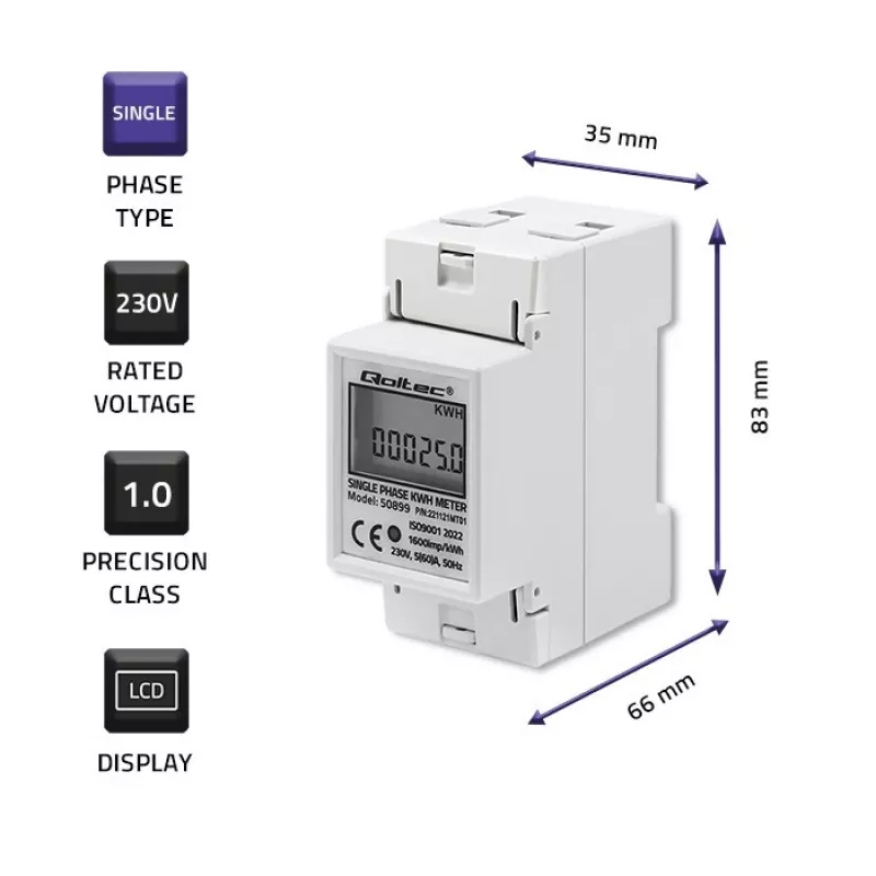 Ühefaasiline energiakulumõõtur QOLTEC 50899 230 V 50 Hz, 5(60)A, klass 1.0, LCD