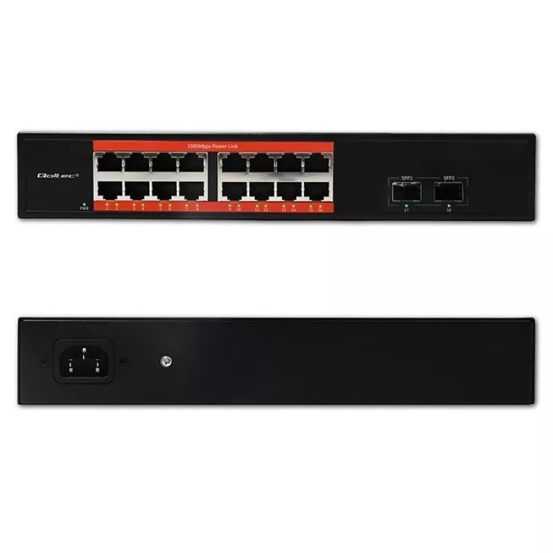 Võrgukommutaator QOLTEC 52364 — Gigabit Ethernet PoE 16xRJ45, 2xSFP