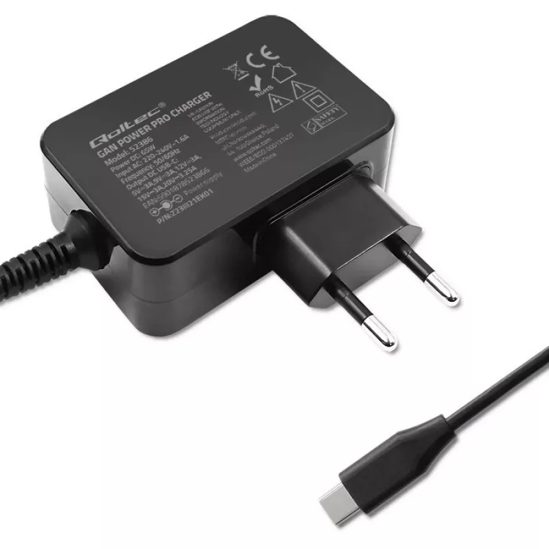 Qoltec 52386 GaN POWER PRO laadija | 1xUSB-C | 65W | 5-20V | 3-3.25A | Must