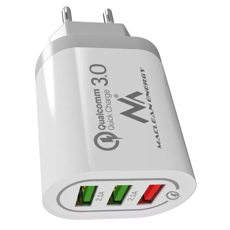 Seinalaadija MACLEAN MCE479W — 3-pordiline USB-kiirlaadija, koguvõimsus 18 W