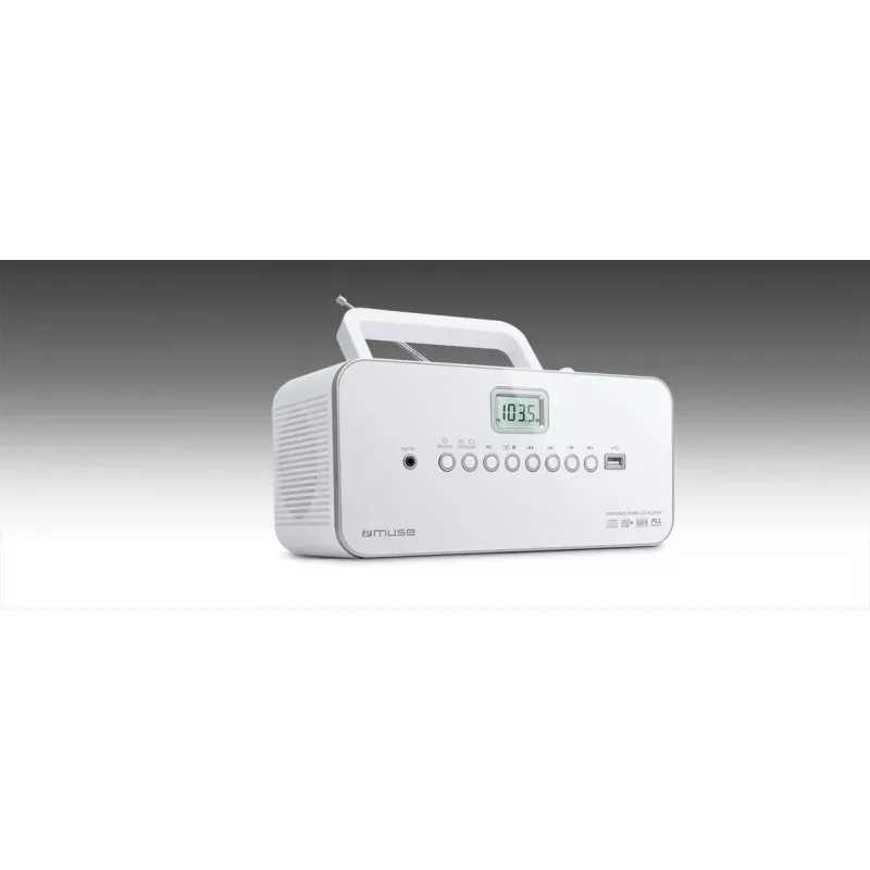 Kantav stereosüsteem Muse M-28RDW — CD/MP3-mängija, FM/MW-tuuner, 3 W RMS, valge, 1,4 kg