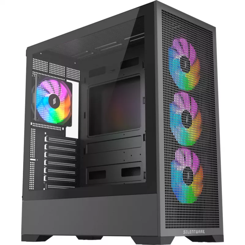 PC korpus Silentware Core 100 A-RGB Must — mudel CORE100Must, A-RGB valgustus, kesktorni vormitegur